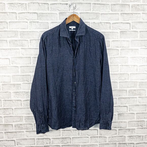REISS Men's RUBAN Linen Button Through Shirt in Navy Blue Regular fit XL - Picture 1 of 7